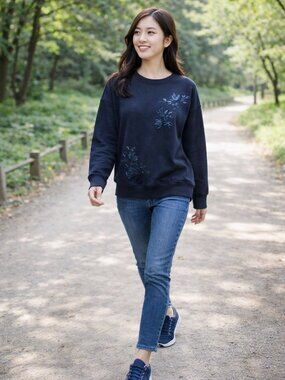 NAVY Sparkle Embroidered Long Sleeve Western Biker Preppy Sweatshirt Women XL